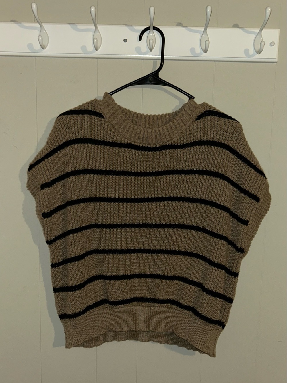Taupe and Black Striped and White and Black Crewneck Sweaters